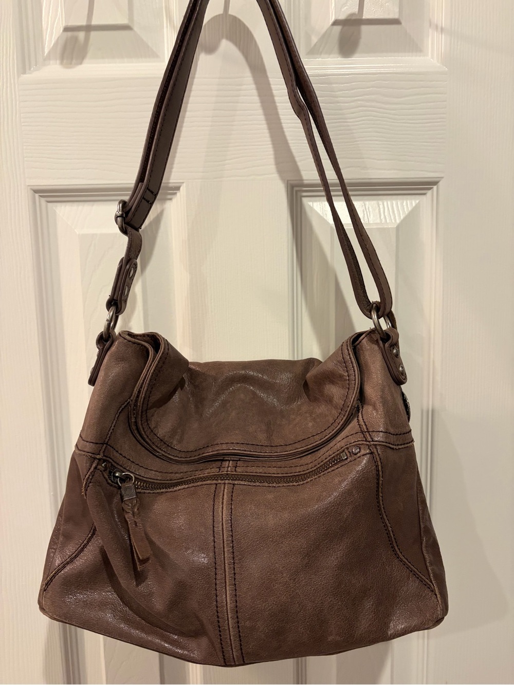 The Sak Brown Leather Shoulder Bag with Front Zip Pocket